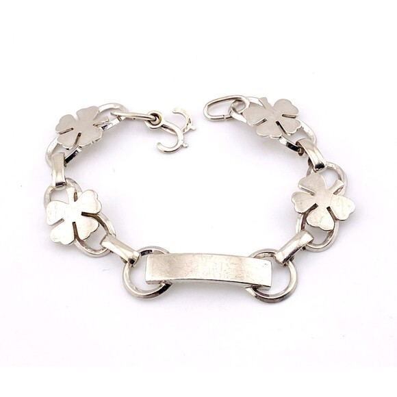 La Mode LaMode Sterling Silver Four Leaf Clover Shamrock Link ID Bracelet Vintag - Picture 1 of 6